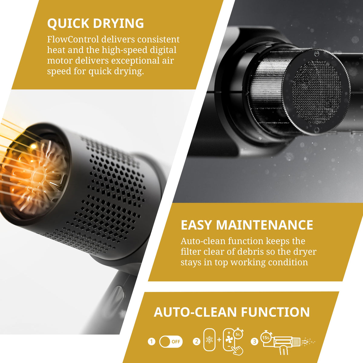 Wahl Vanquish dryer LED screen displays four heat levels and three speeds.