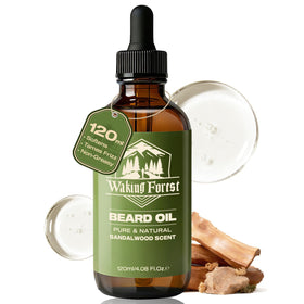 Waking Forest Beard Growth Oil bottle highlights premium hydration for a fuller, healthier beard.