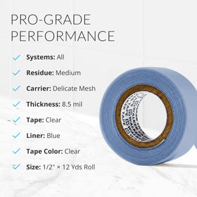 Walker Tape blue liner clear adhesive dries clear for precise lace-base placement.