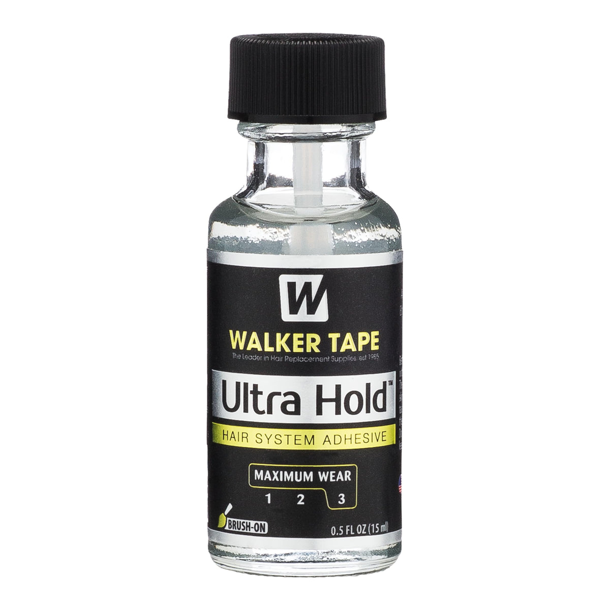 Walker Tape Ultra Hold Brush-On Adhesive bottle shows compact travel size for quick touch-ups.