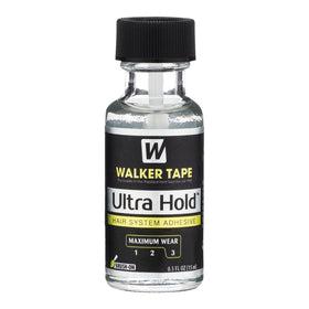 Walker Tape Ultra Hold Brush-On Adhesive bottle shows compact travel size for quick touch-ups.