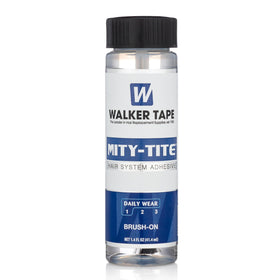 Walker Tape Mity-Tite bottle close-up showing quick-dry brush-on bonding for on-the-go fixes.