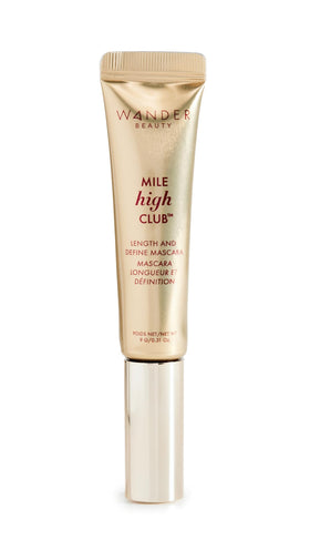 Wander Beauty Mile High Club mascara bottle showing long-lasting, smudge-proof wear