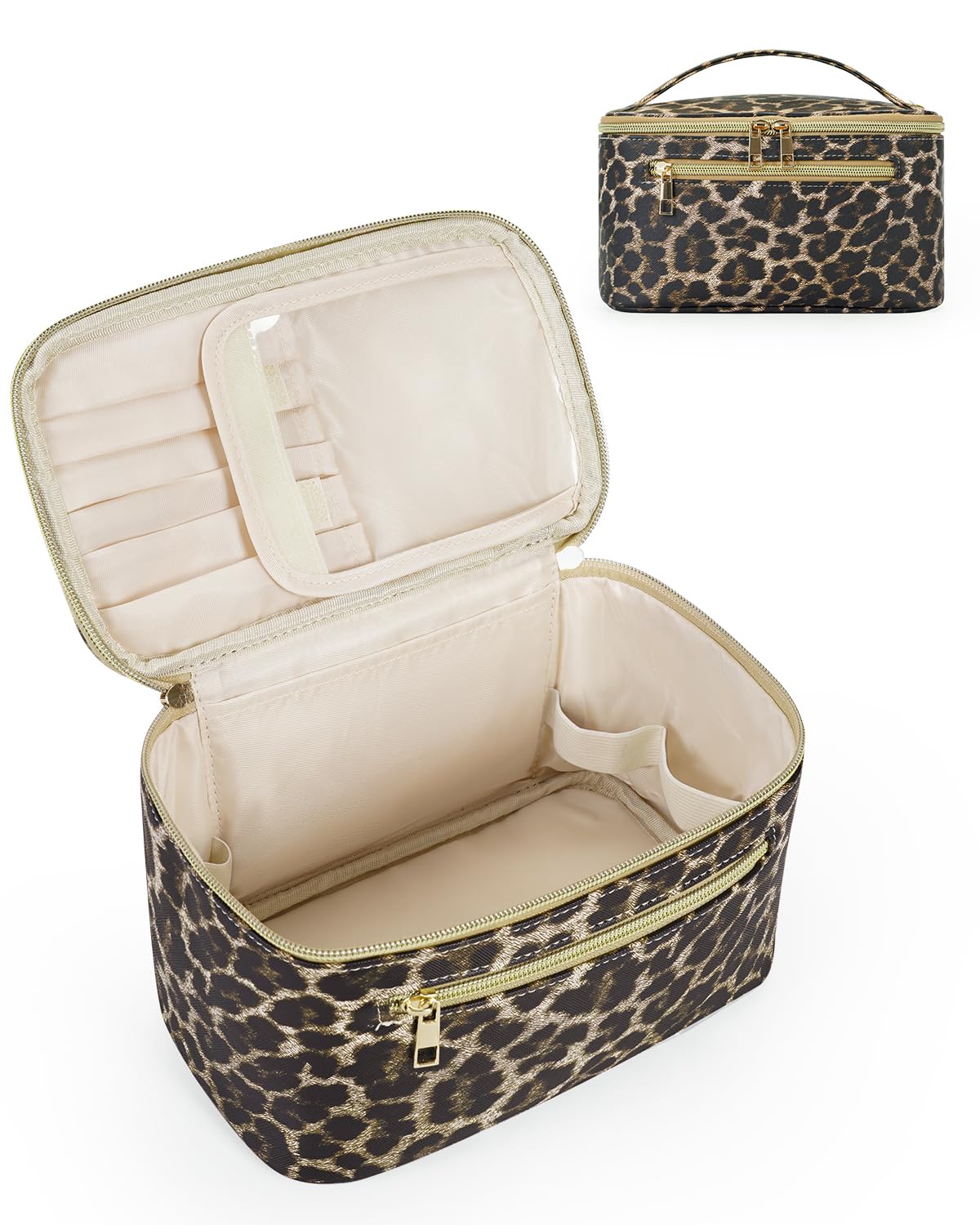 Wandering Nature leopard-print makeup bag, a stylish travel companion for cosmetics.