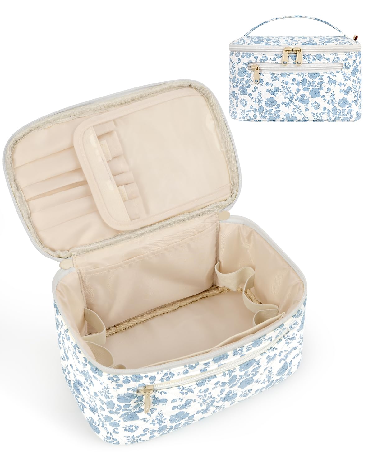 Wandering Nature makeup bag with quilted blue florals and front pocket for quick access.
