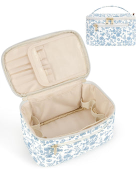 Wandering Nature makeup bag with quilted blue florals and front pocket for quick access.