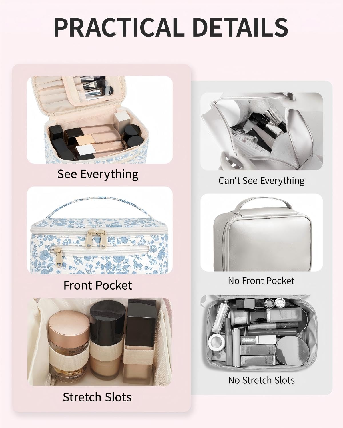 Wandering Nature makeup bag side view highlights elastic cords for secure contents.