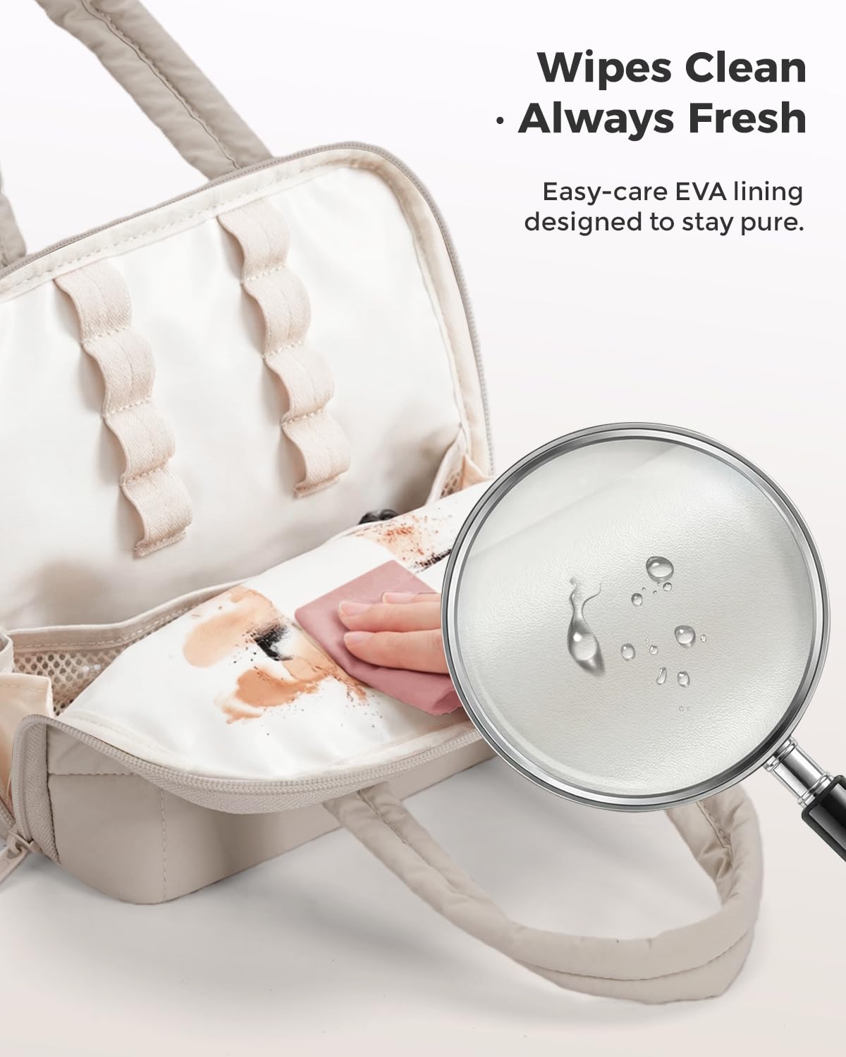 Wandering Nature puffer exterior protects cosmetics during travel
