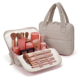 Wandering Nature standing makeup bag open view for easy access while traveling
