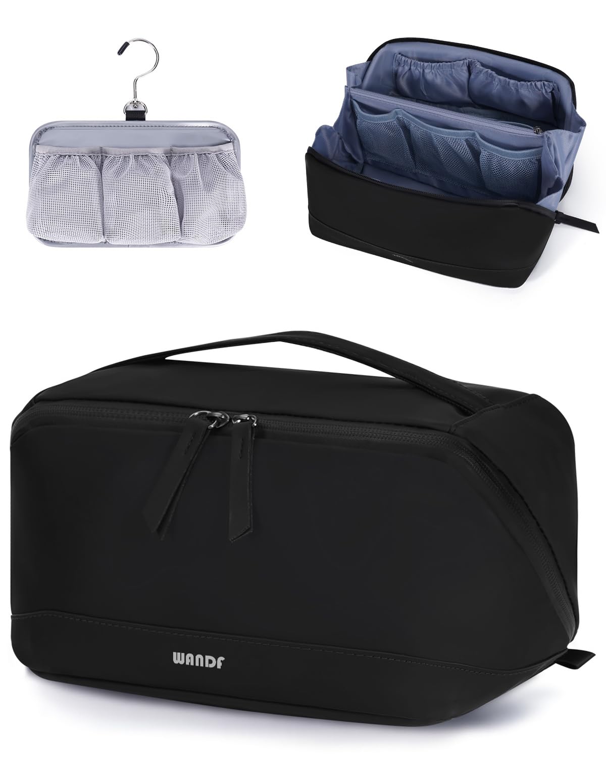 WANDF toiletry bag with detachable hanging pouch for easy access.