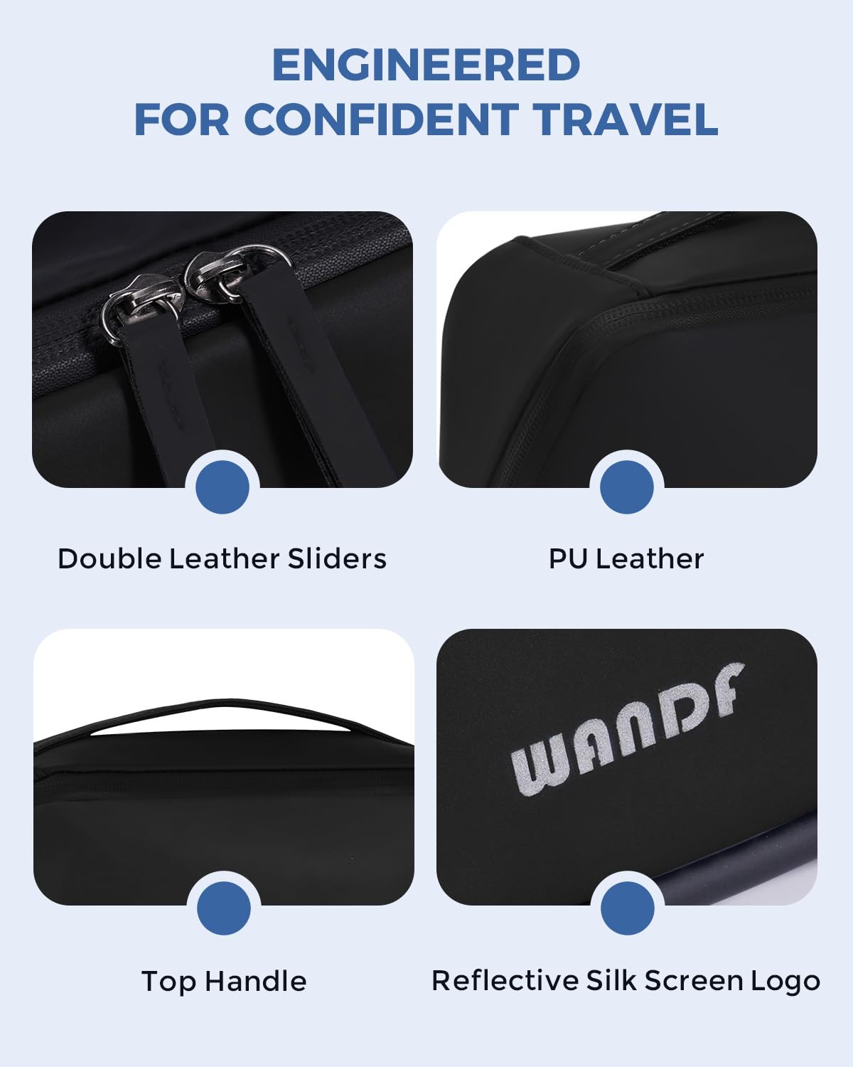 WANDF compact travel kit fits grooming tools and travel-size products neatly.