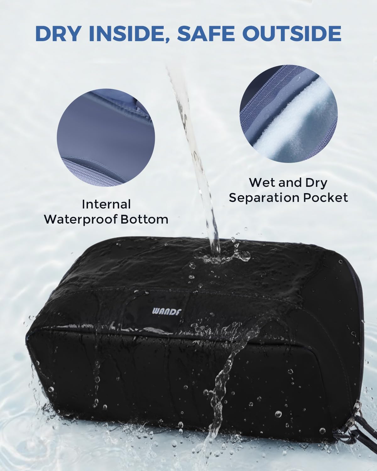 WANDF waterproof center compartment separates damp items from dry essentials.