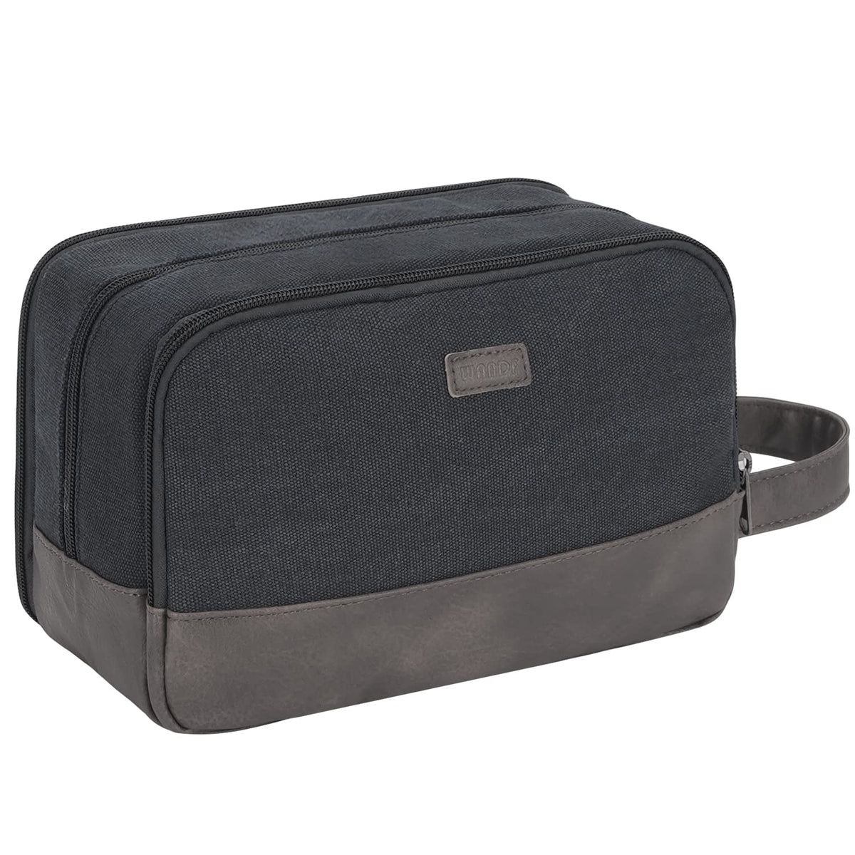 WANDF travel toiletry bag front view shows durable canvas and leather trim for on-the-go organization.