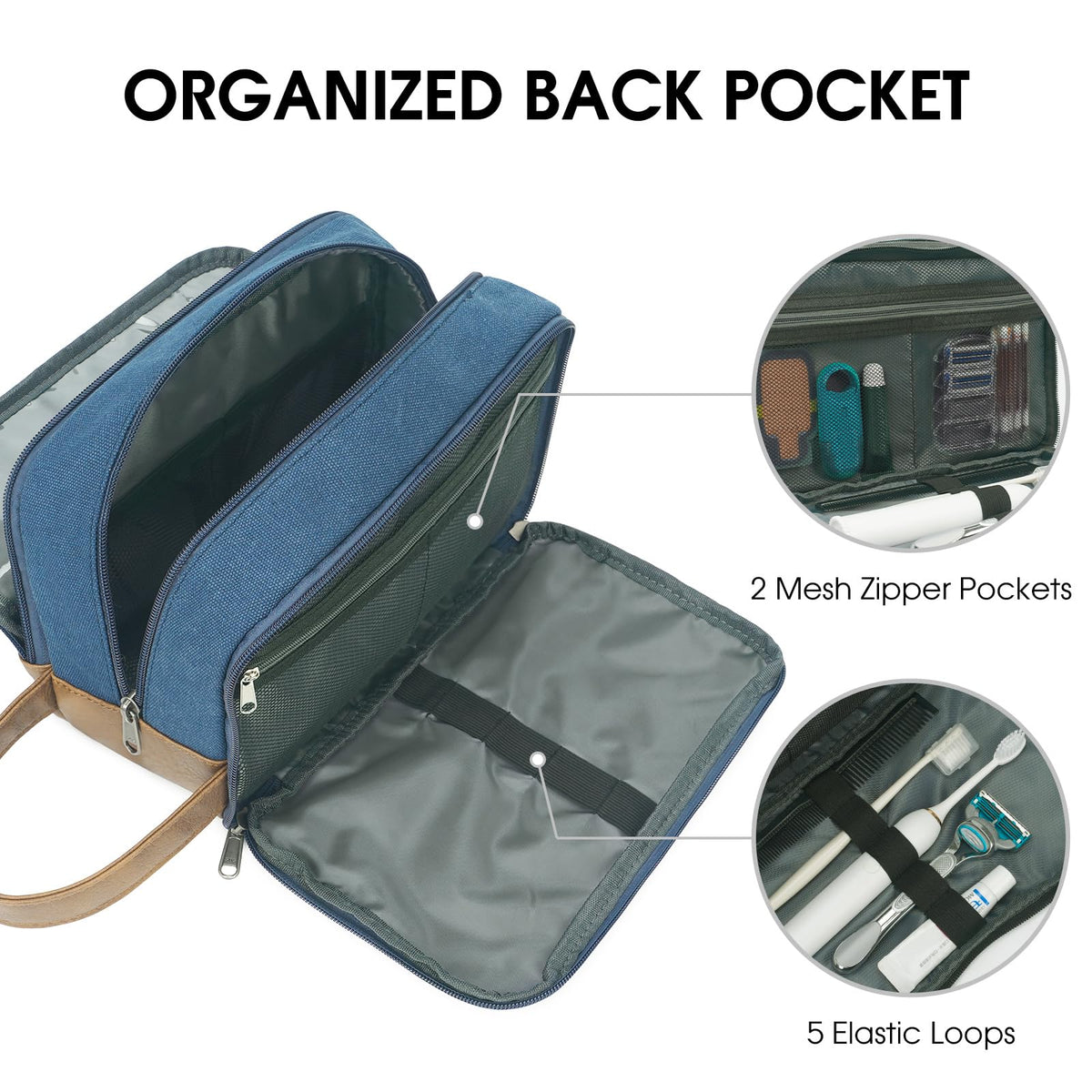 WANDF travel bag blue back view showing hanging leather handle