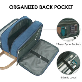 WANDF travel bag blue back view showing hanging leather handle