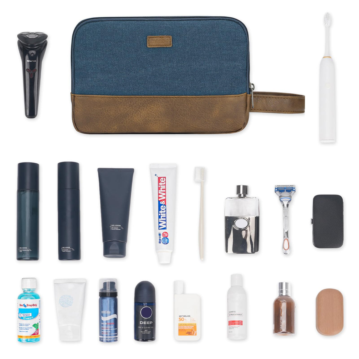 WANDF blue Dopp kit hanging on a hook with convenient leather handle
