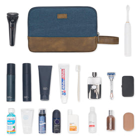 WANDF blue Dopp kit hanging on a hook with convenient leather handle