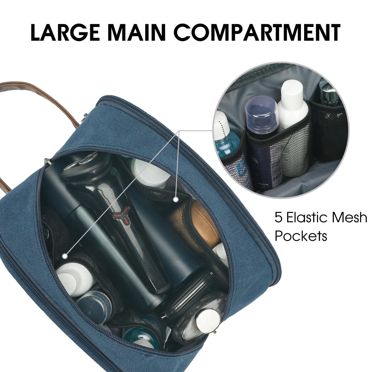 WANDF blue toiletry bag open, main compartment ready for travel-sized essentials
