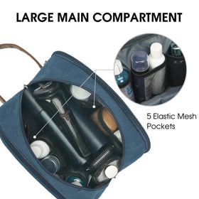 WANDF blue toiletry bag open, main compartment ready for travel-sized essentials