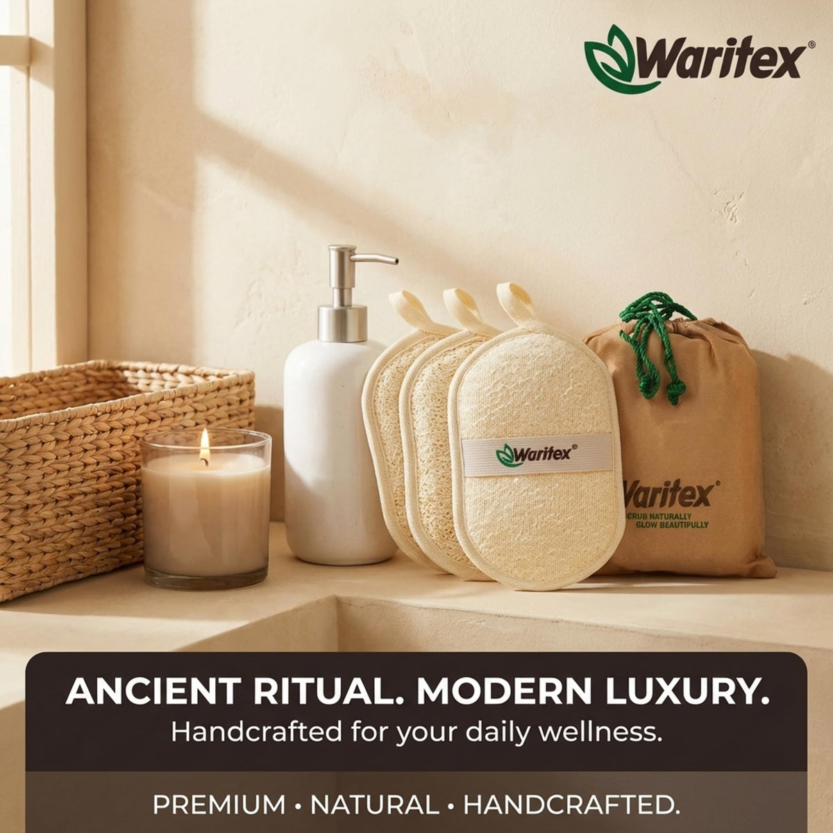 Waritex bathroom shelf display with spa vibe.