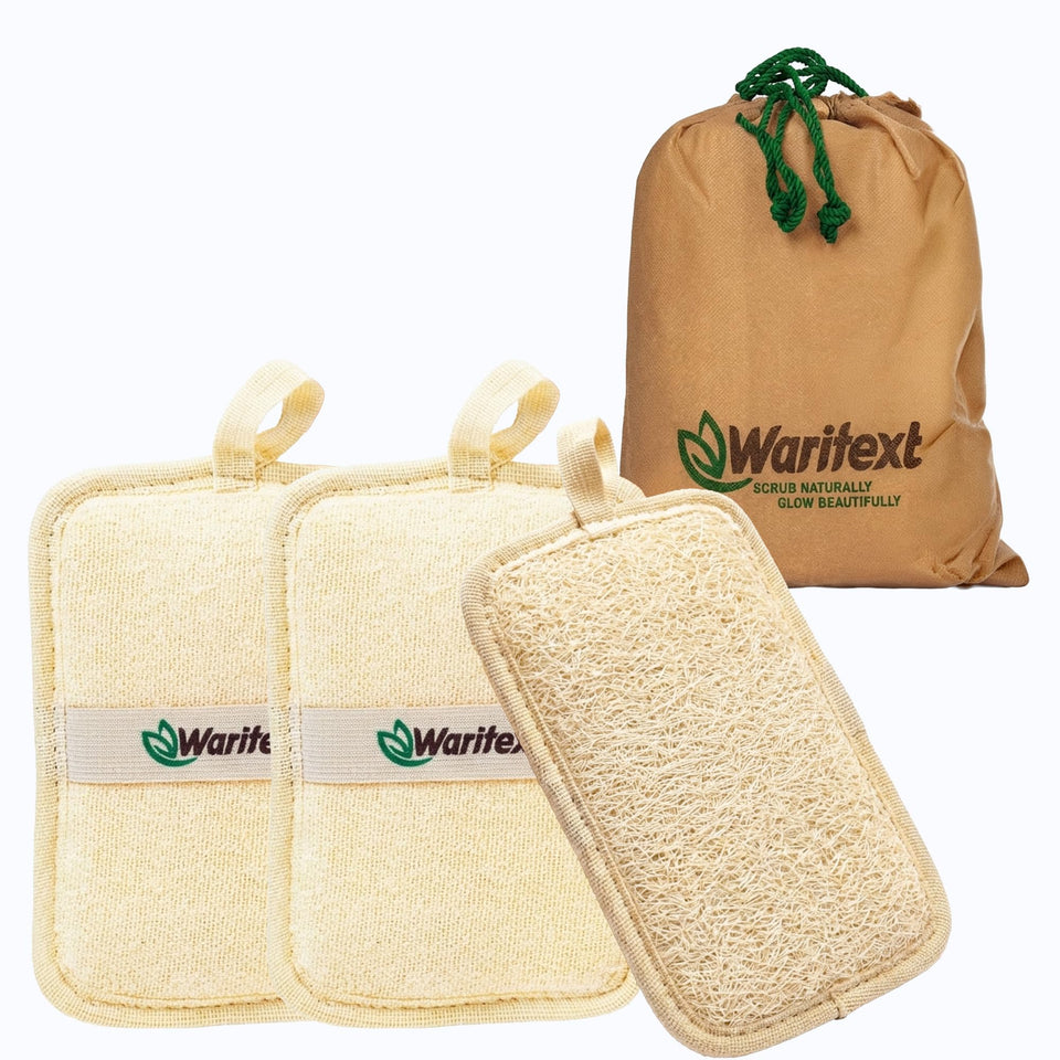 Waritex Egyptian loofah rectangular scrubber for body exfoliation in daily showers.