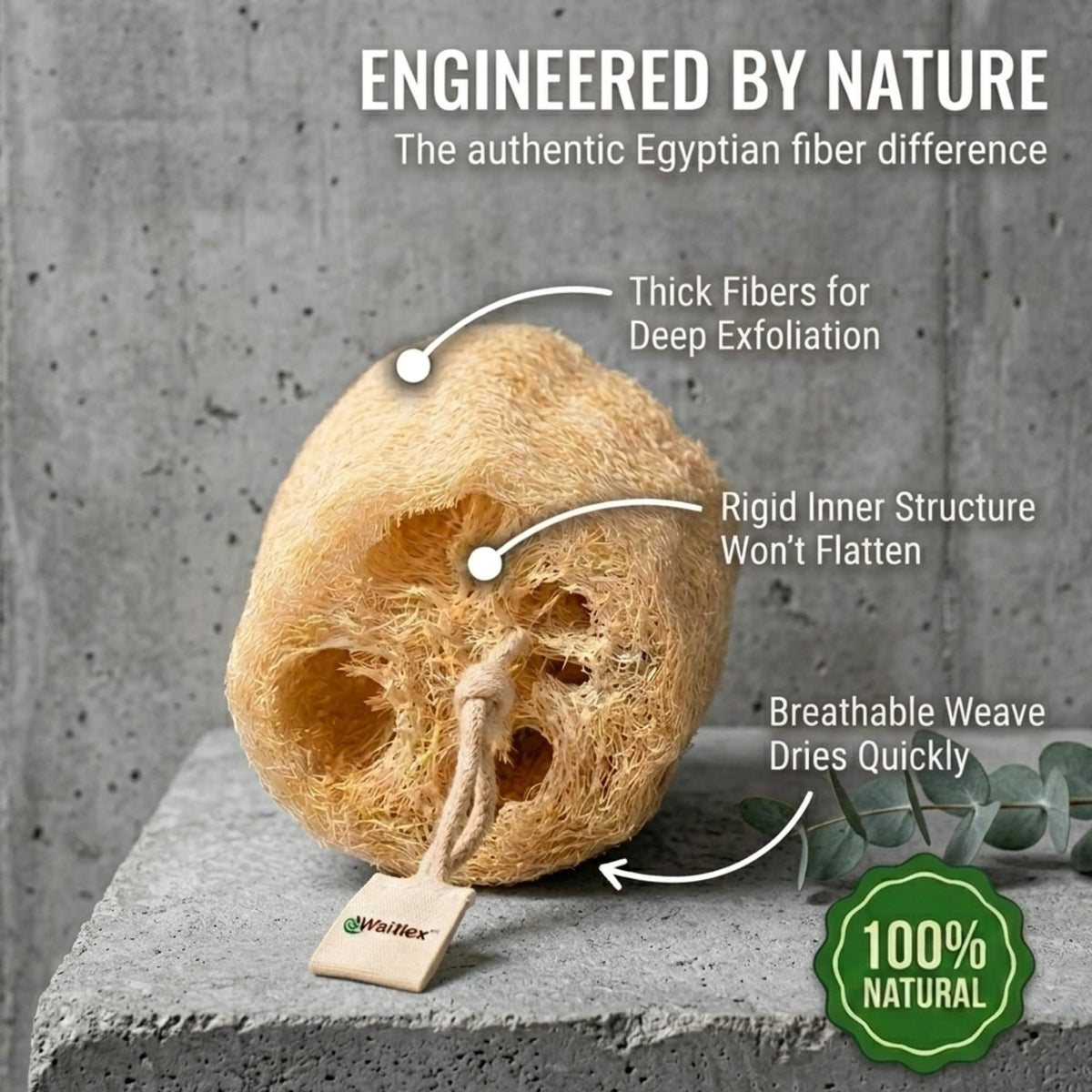 Waritex loofah scrubber used on back for full-body care.