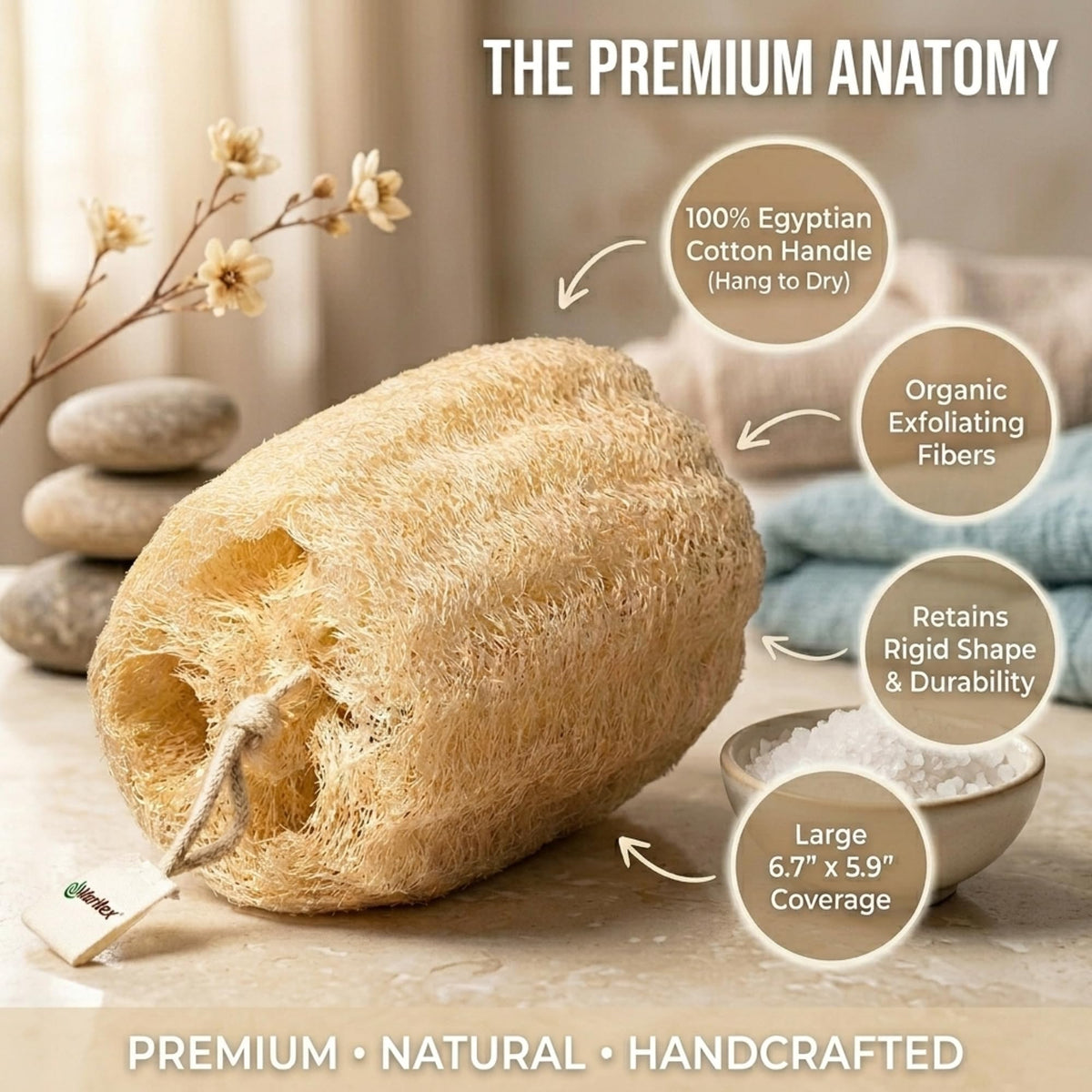 Waritex Egyptian loofah scrubber soaking activates plush texture.