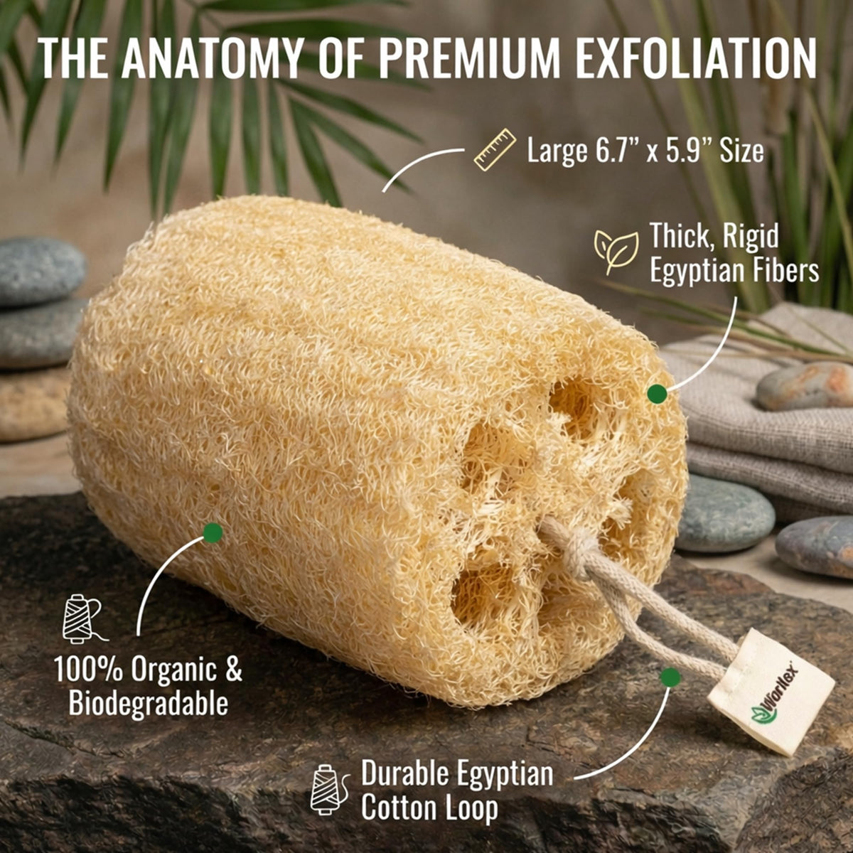 Waritex premium loofah fibers for spa-like shower experience.