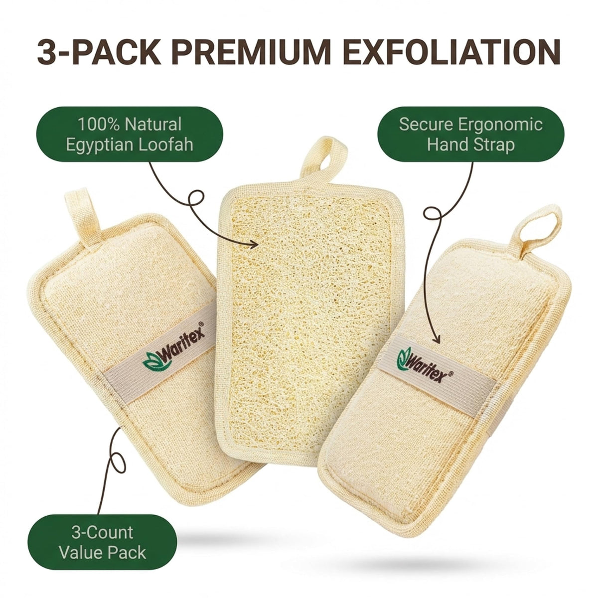 Waritex loofah pad focused on back and shoulders for even coverage.
