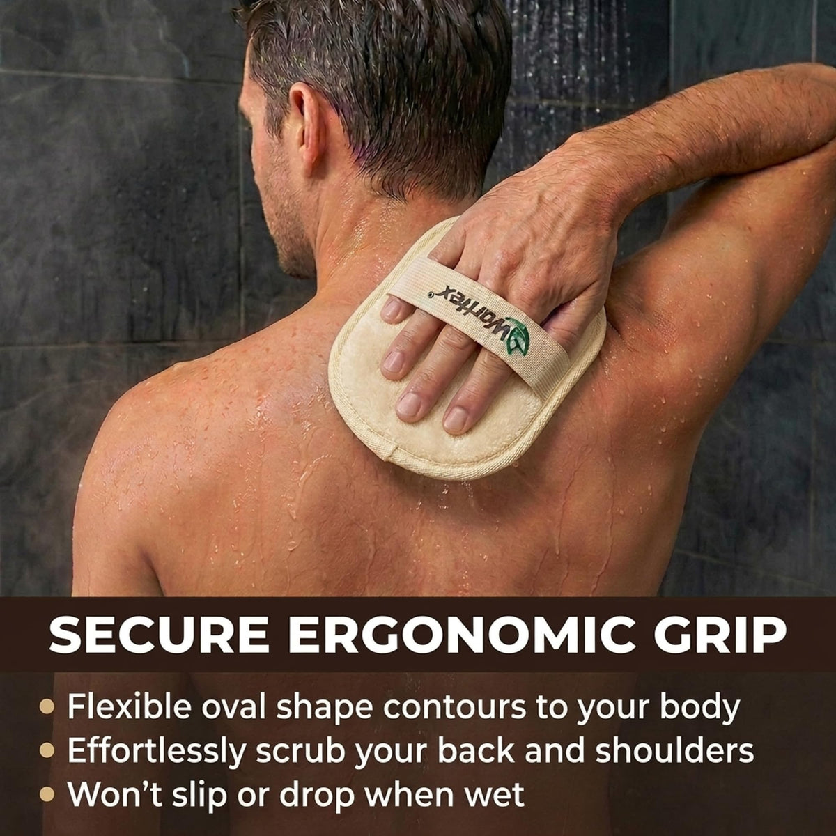 Waritex loofah pad with hand strap for easy grip.