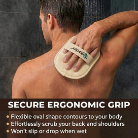 Waritex loofah pad with hand strap for easy grip.