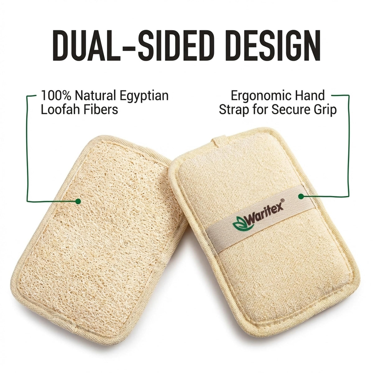 Waritex natural loofah fibers highlight durable exfoliation for smooth skin.