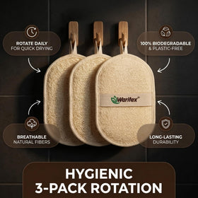 Waritex three-pack display showing full-size body scrubbers.