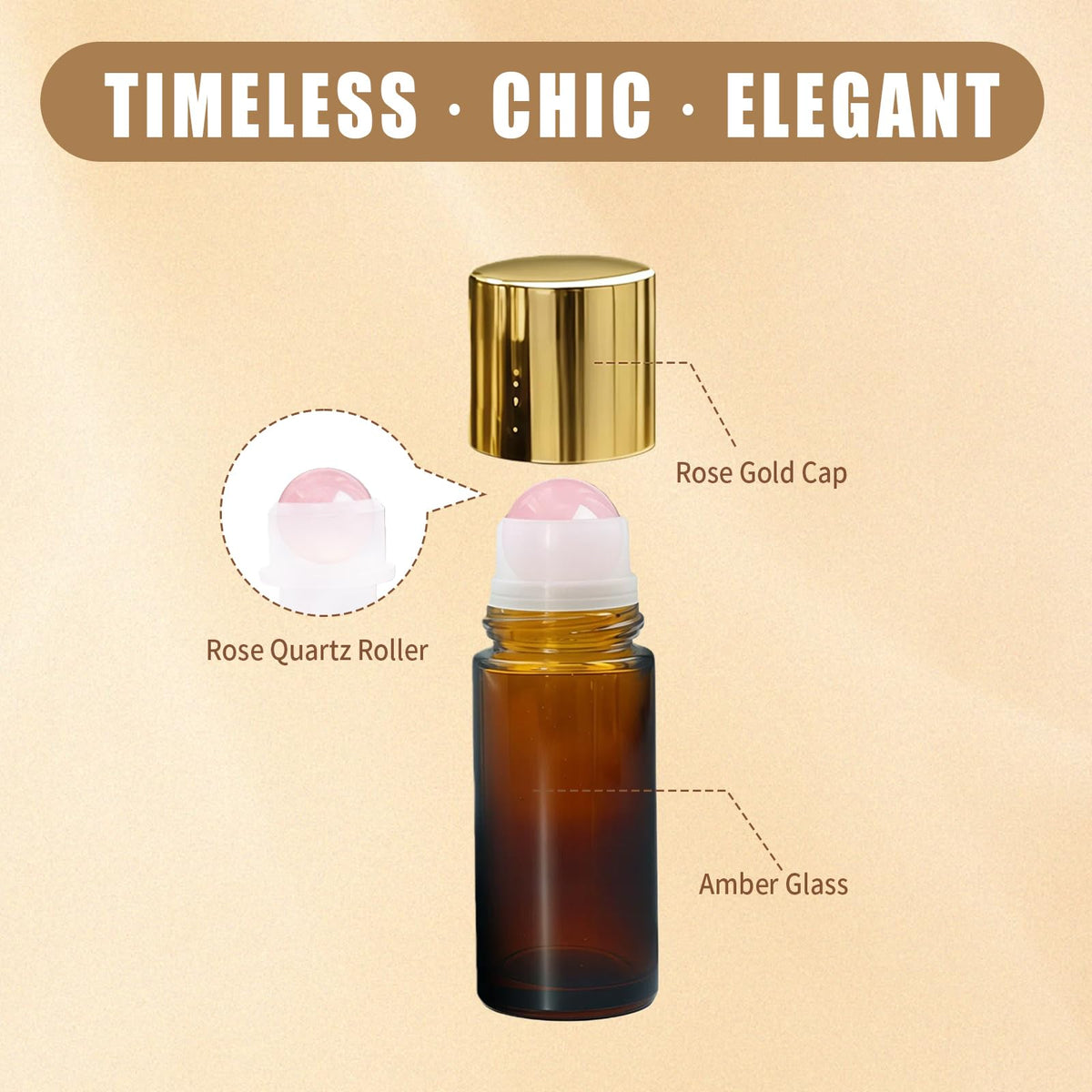 Warmify amber glass roll-on bottle with gold cap for leak-proof portability.