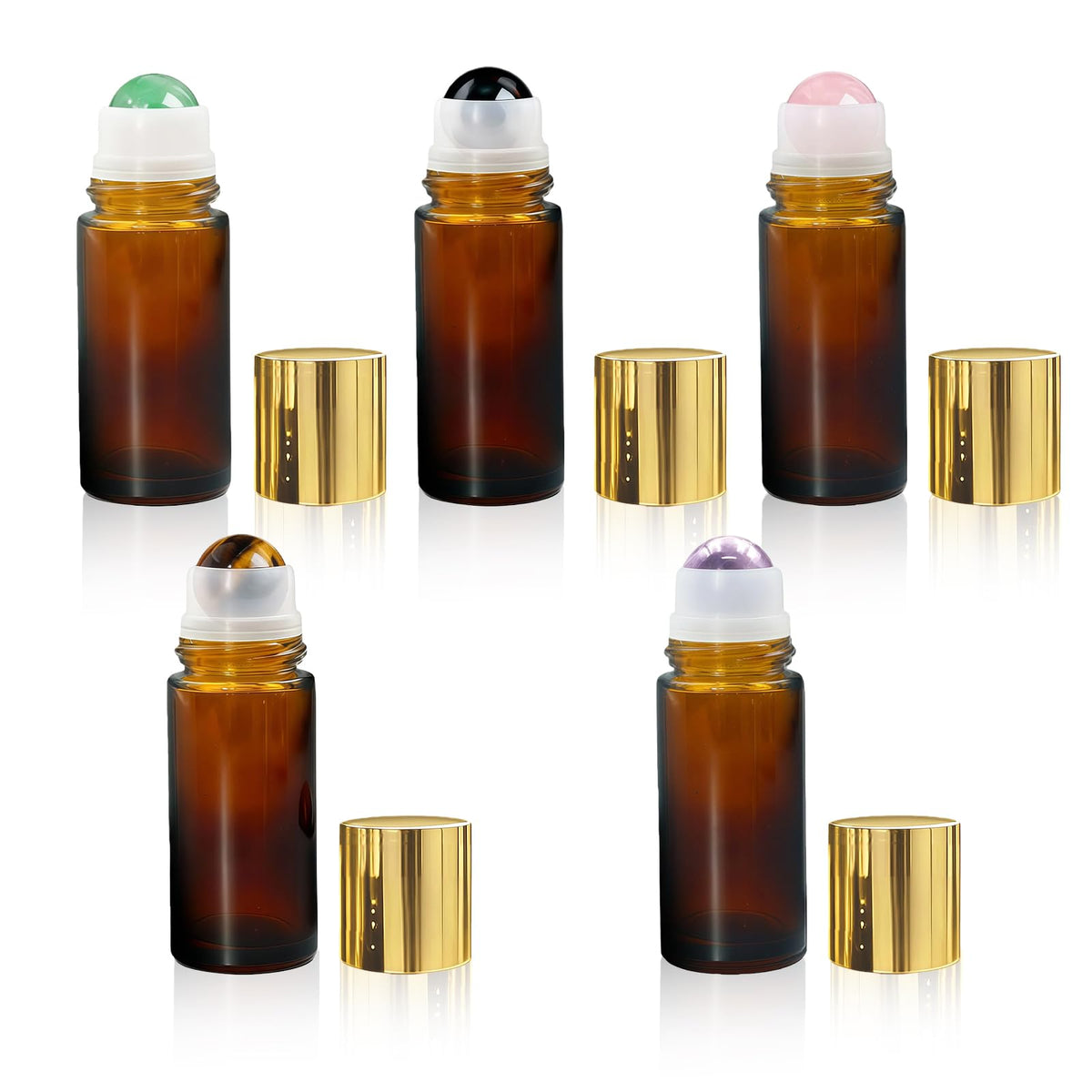 Warmify amber glass roller bottle with crystal ball for smooth essential oil application.