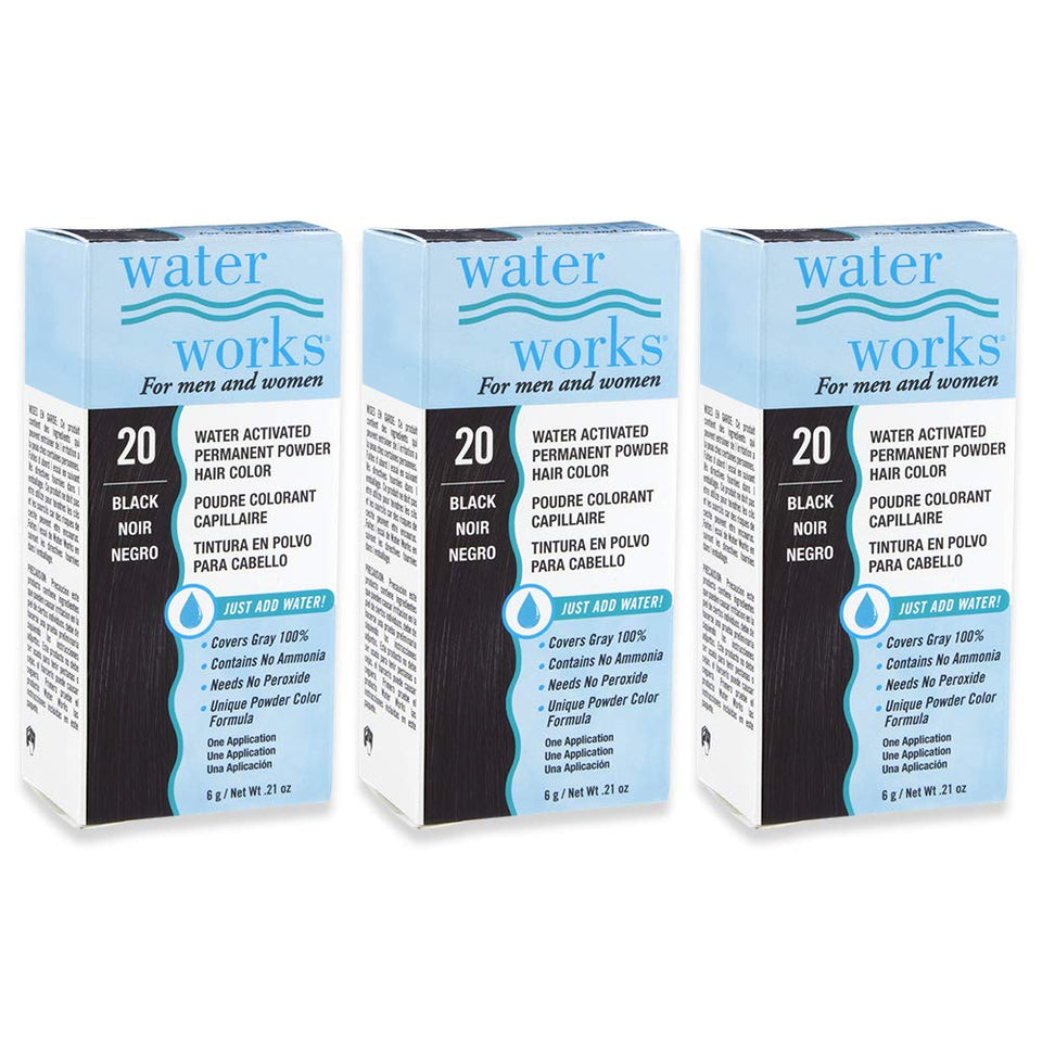 Water Works Black Hair Color Powder bottle shows easy root coverage and lasting black shade.