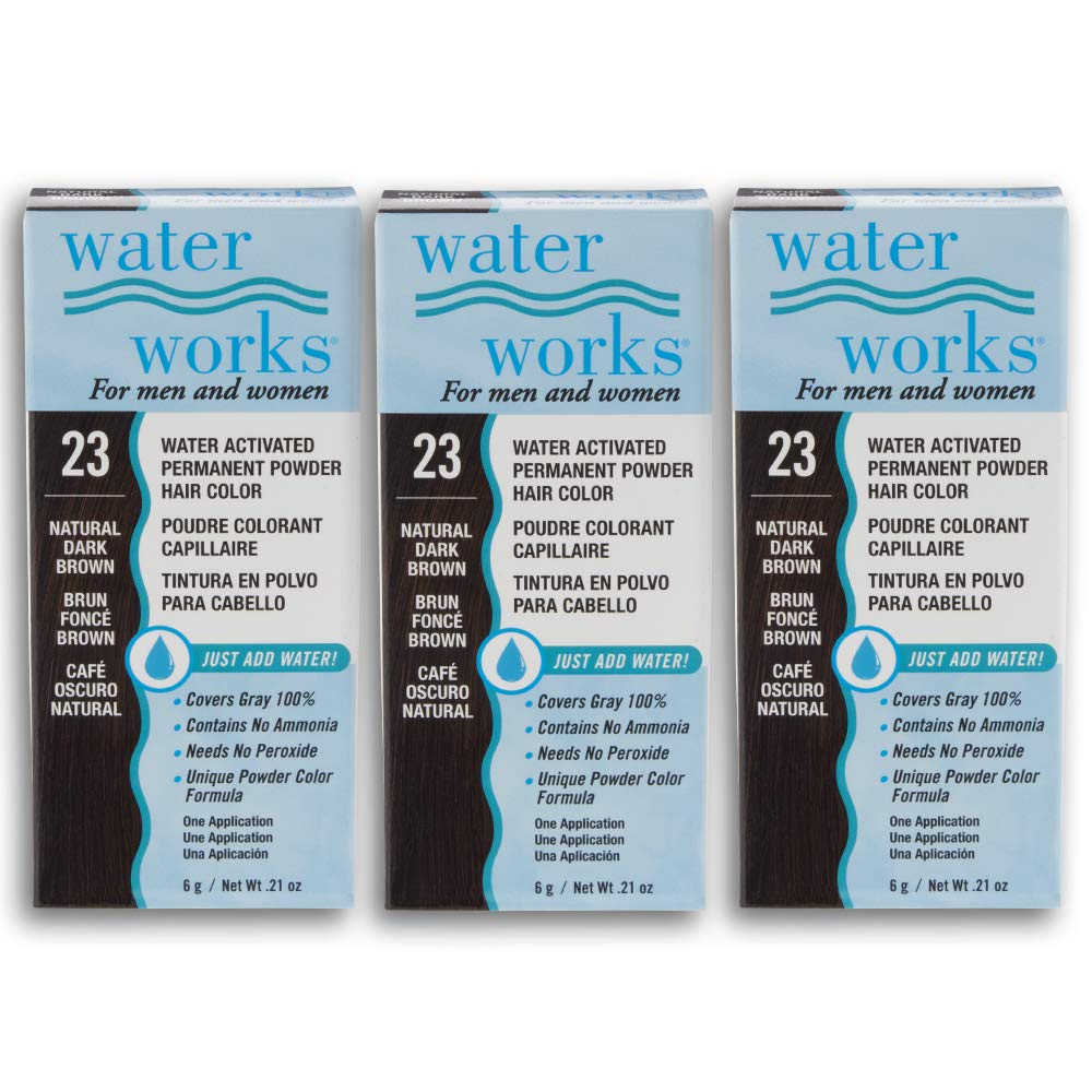 Water Works Hair Color Powder Dark Brown pack shows three-pack for convenient root touch-ups and full coverage.