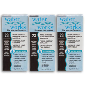 Water Works Hair Color Powder Dark Brown pack shows three-pack for convenient root touch-ups and full coverage.