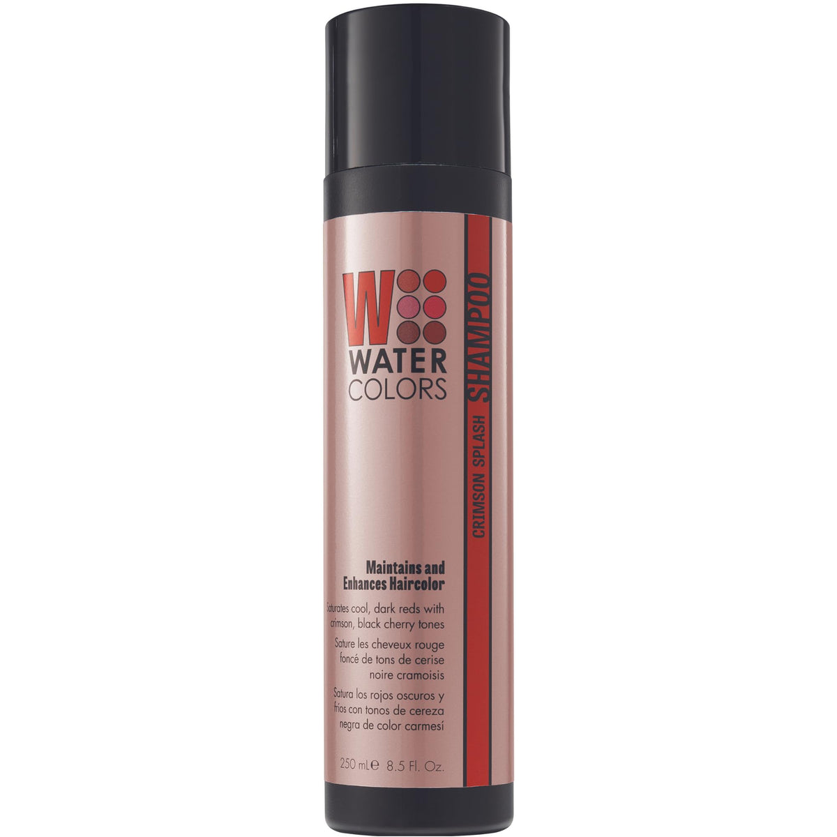 Watercolors Crimson Splash shampoo bottle showing color depositing action for vibrant hues