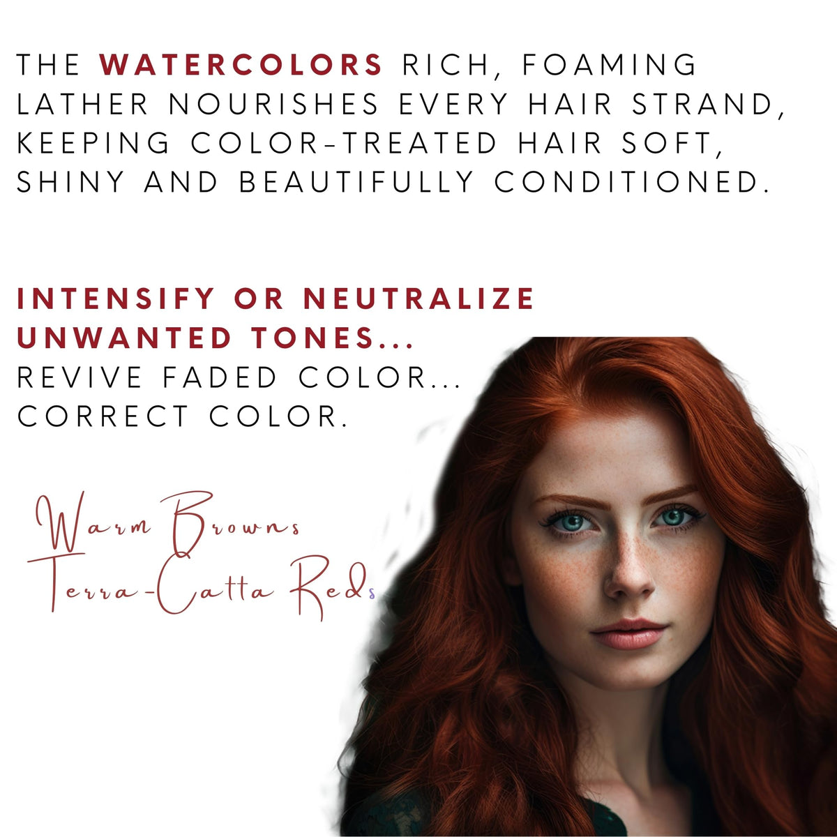 Watercolors Intense Shampoo application shows temporary color on hair.