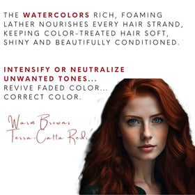 Watercolors Intense Shampoo application shows temporary color on hair.