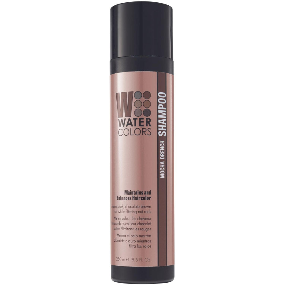 Watercolors Mocha Drench shampoo bottle highlights color-refreshing formula.