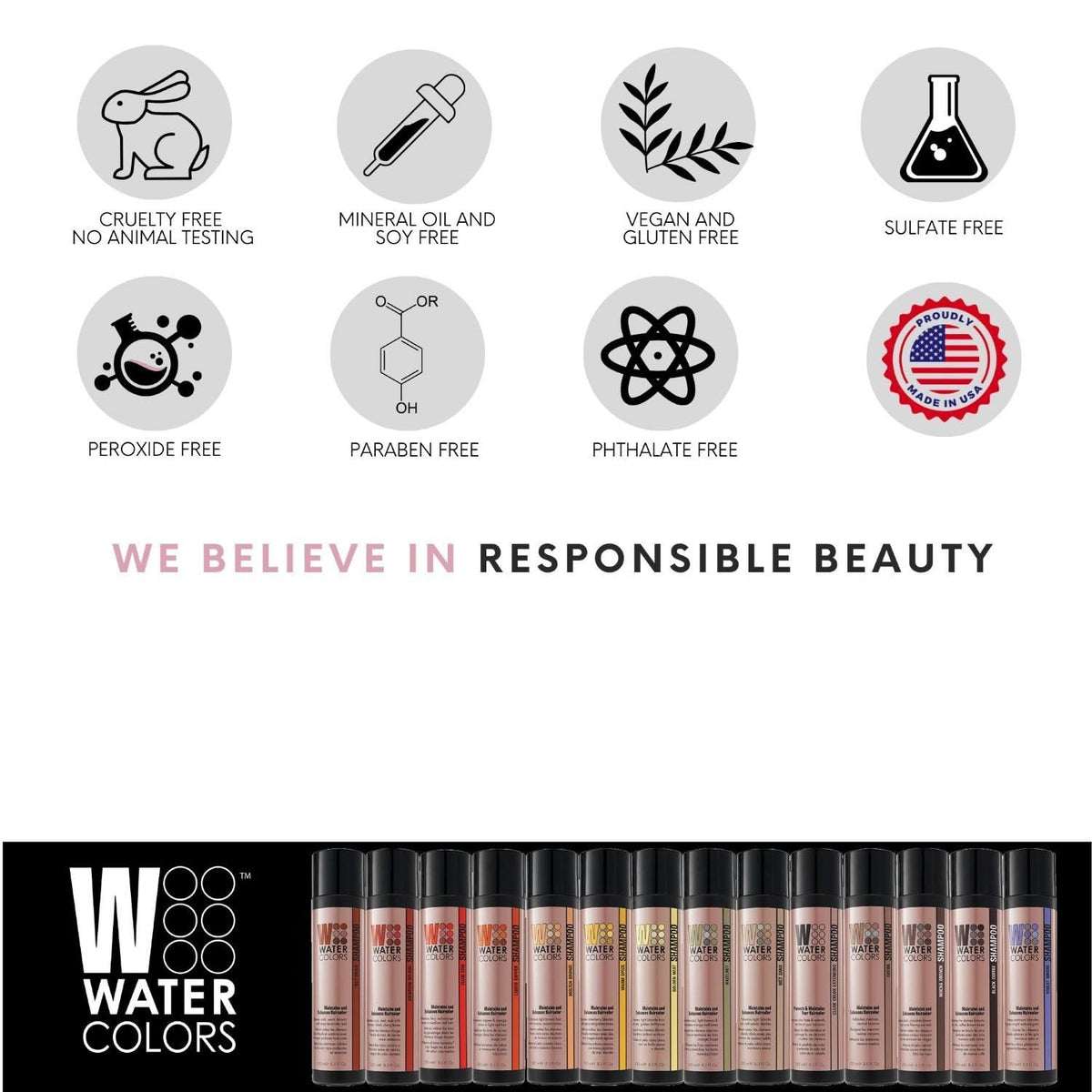 Watercolors Mocha Drench shampoo bottle-clip emphasizes USA-made cruelty-free formula.