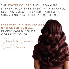 Watercolors Mocha Drench shampoo lather delivers cleansing and color deposit.
