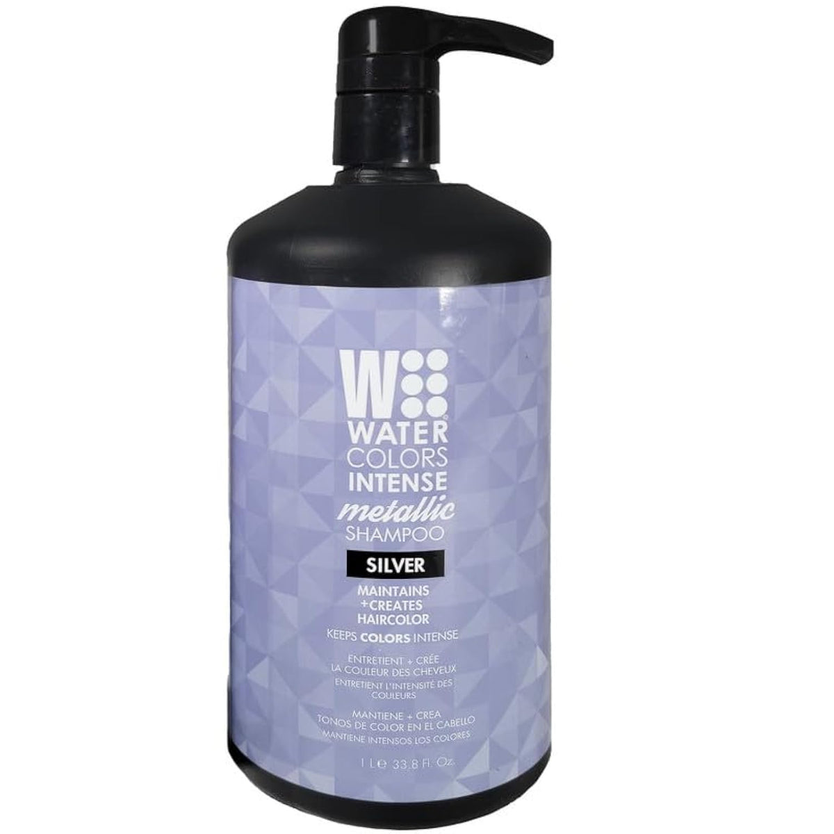 Watercolors Silver shampoo bottle shows the 33.8 oz color-depositing formula for vibrant color.