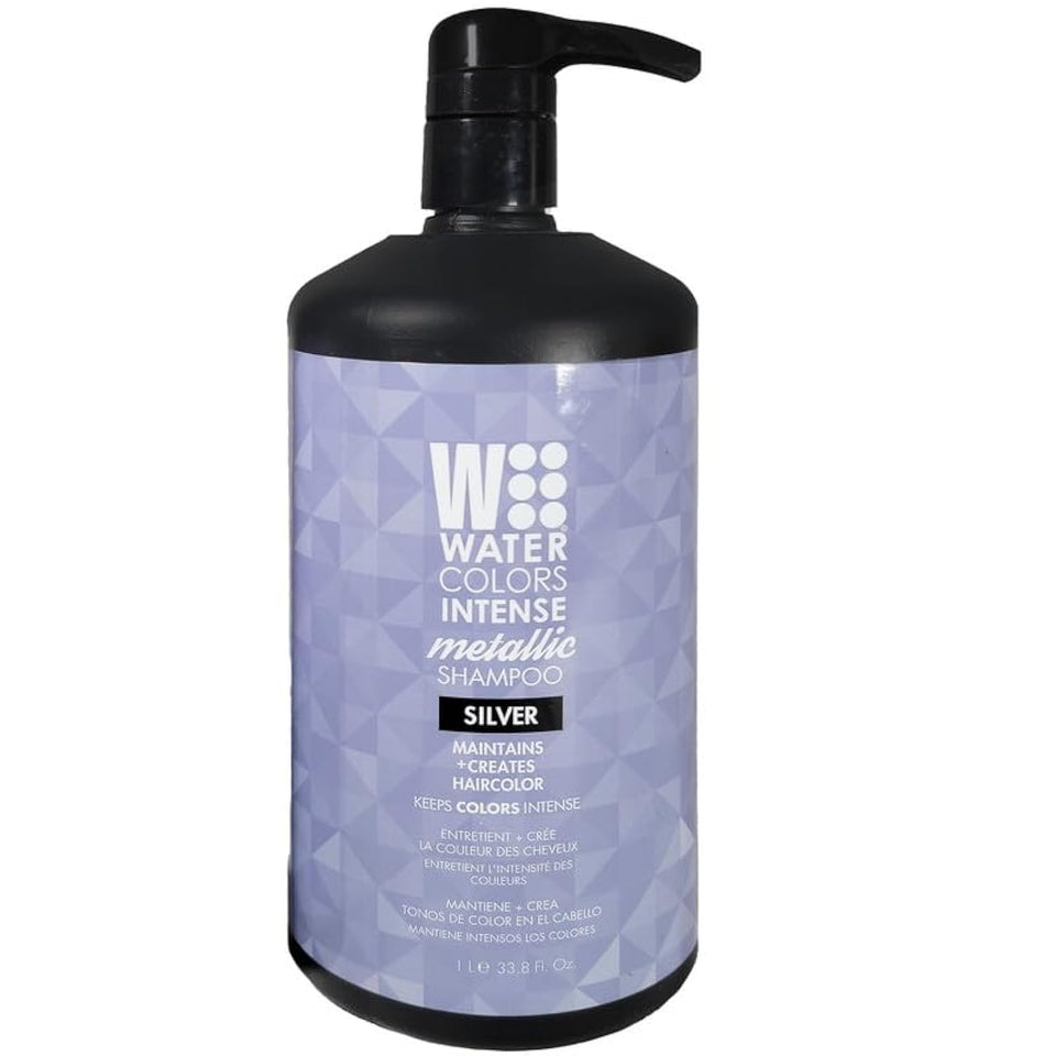 Watercolors Silver shampoo bottle shows the 33.8 oz color-depositing formula for vibrant color.