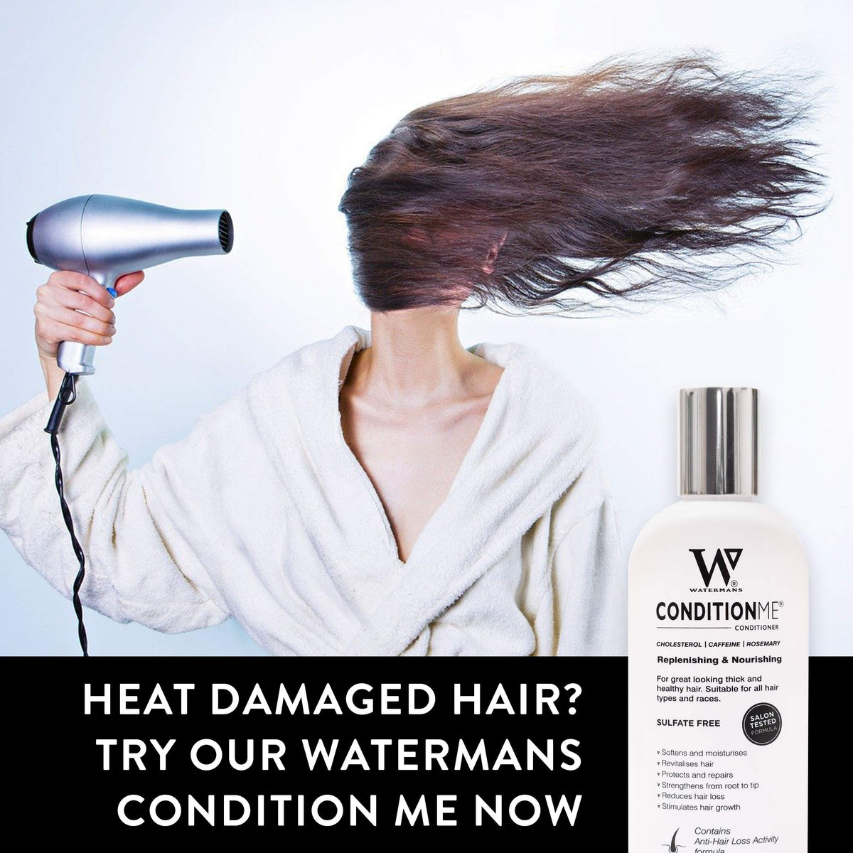 Watermans recyclable packaging bottle shown, supporting eco-friendly hair care practice.
