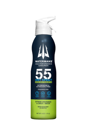 Waterman's SPF 55 dry spray bottle with a 360-degree nozzle for even coverage.