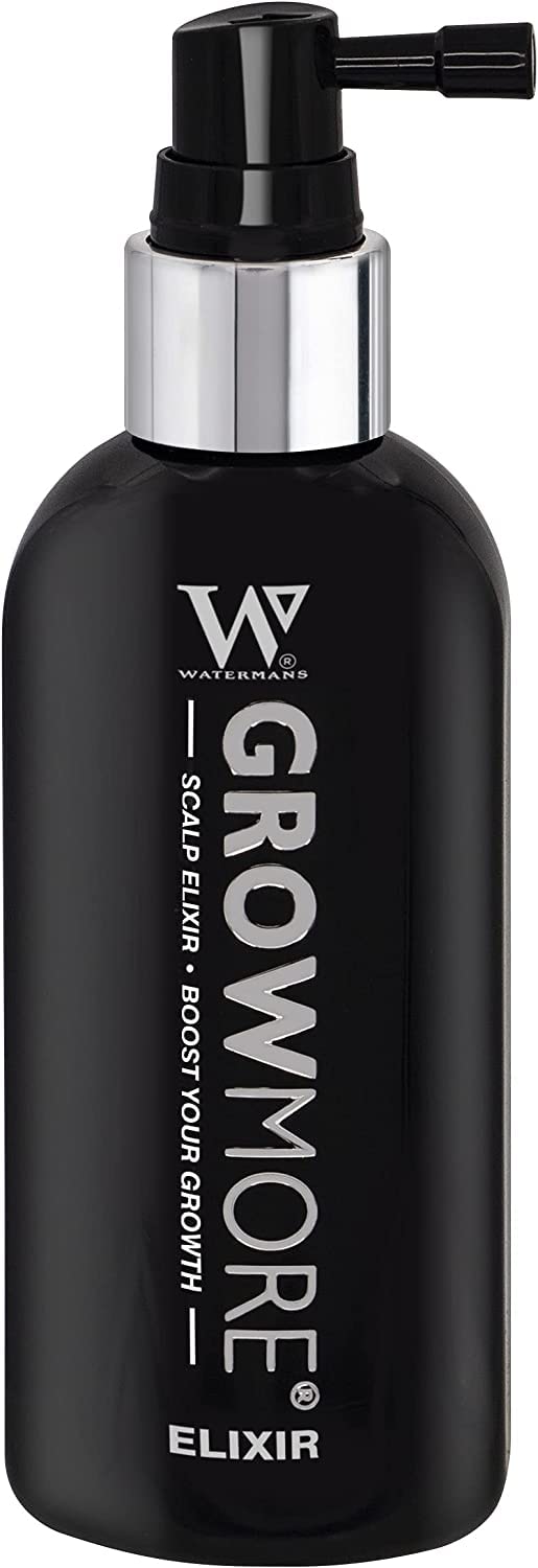 Watermans Grow More Hair Serum bottle shows lightweight, fast-absorbing formula.