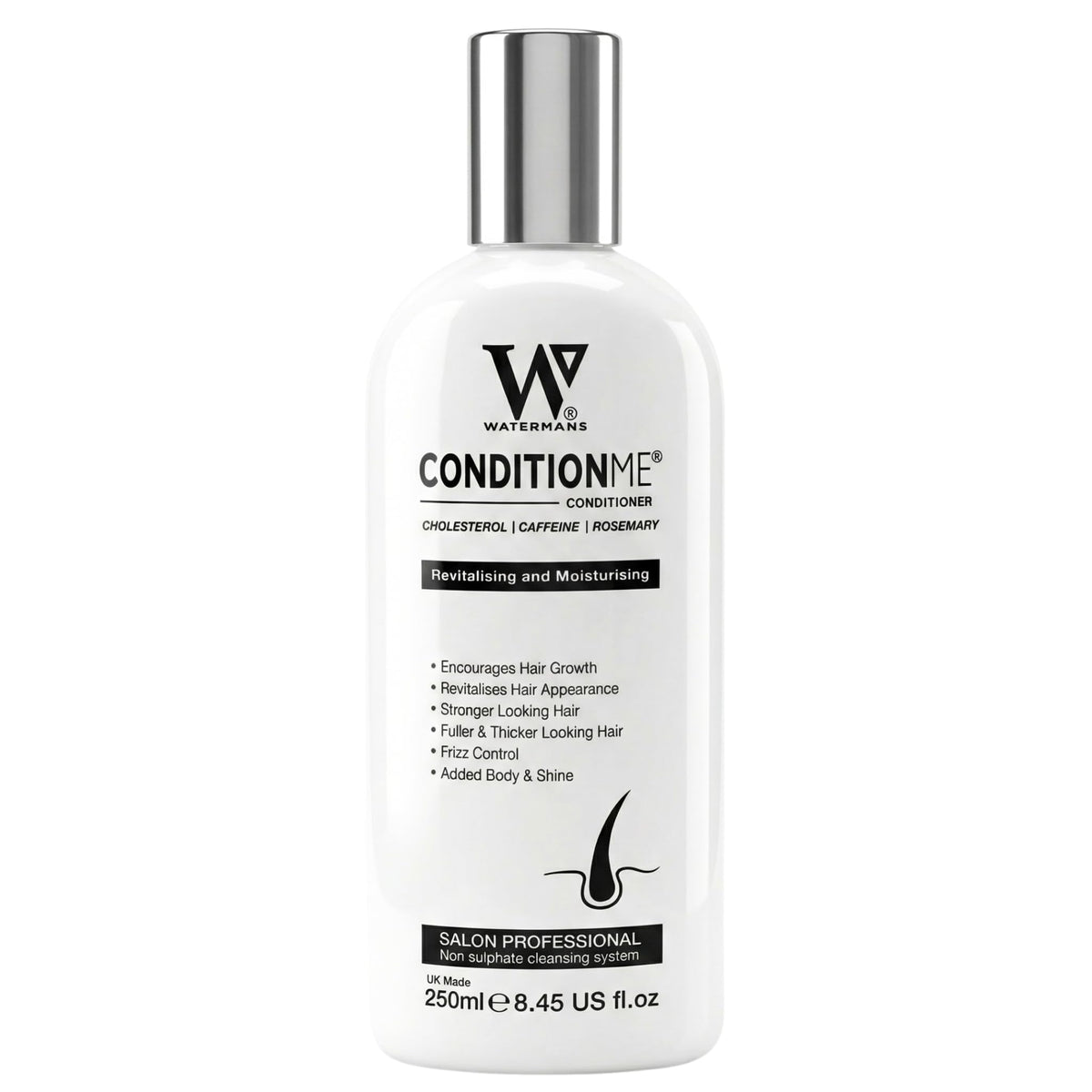Watermans Hair Growth and Repair Conditioner bottle close-up, highlighting nourishing formula for healthier hair.
